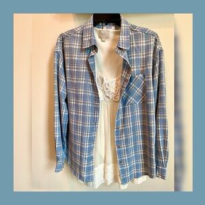 Just Polly Women’s Shirt, Button Down, Blue & White Plaid, NWT, S